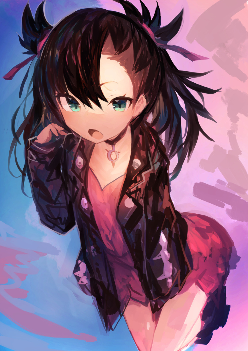 1girl absurdres asymmetrical_bangs asymmetrical_hair bangs black_hair black_jacket choker dress green_eyes hair_ribbon highres jacket kaamin_(mariarose753) long_sleeves mary_(pokemon) multicolored multicolored_background open_mouth pink_dress pokemon pokemon_(game) pokemon_swsh ribbon solo twintails undercut