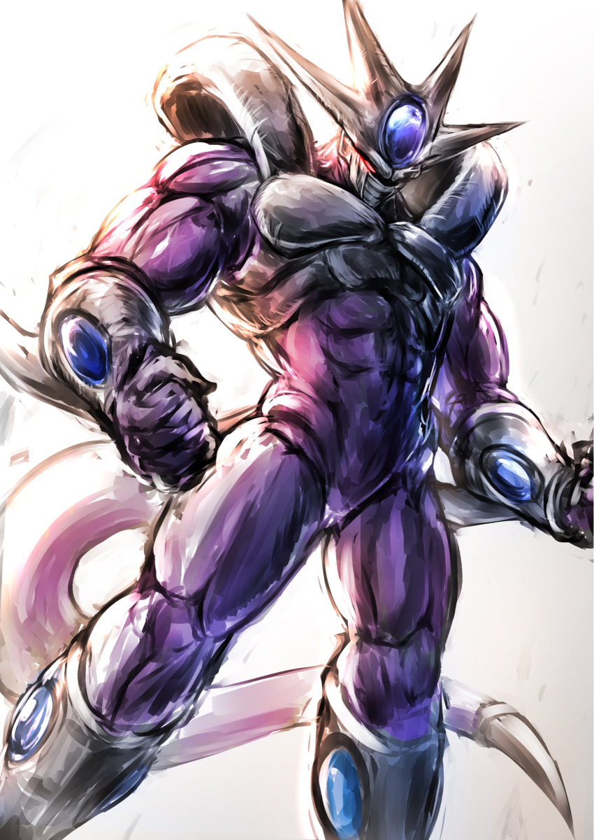 1boy alien clenched_hand colored_skin cooler_(dragon_ball) dragon_ball dragon_ball_z dutch_angle glowing glowing_eyes gomikerasu highres muscular muscular_male purple_skin purple_tail red_eyes solo tail