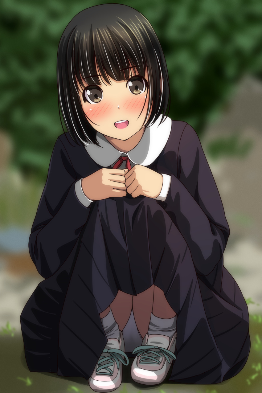 1girl :d absurdres bangs black_hair black_jacket black_skirt blurry blurry_background blush brown_eyes collared_shirt depth_of_field eyebrows_visible_through_hair full_body highres jacket long_sleeves looking_at_viewer matsunaga_kouyou neck_ribbon nose_blush open_mouth original panties pleated_skirt red_ribbon ribbon school_uniform shirt shoes skirt smile socks solo squatting underwear upper_teeth white_footwear white_legwear white_panties white_shirt