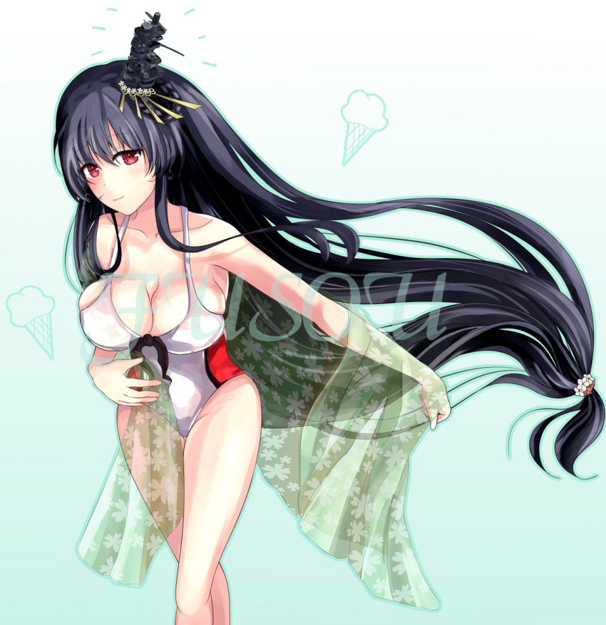 1girl black_hair breasts cake_no_shaberu flower fusou_(kantai_collection) highres kantai_collection long_hair looking_at_viewer red_eyes simple_background smile standing swimsuit