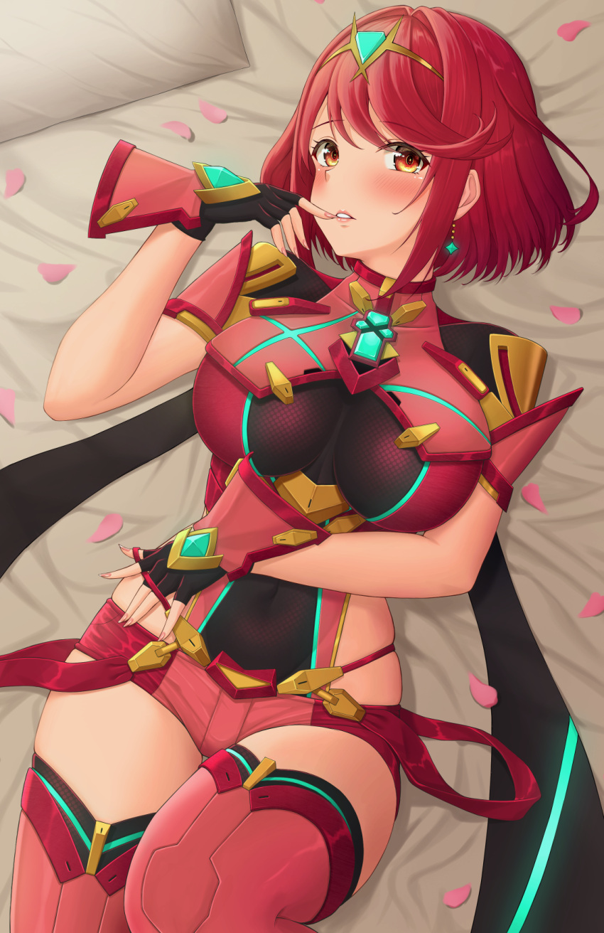 1girl arm_across_waist bangs bed_sheet black_gloves blush breasts covered_navel eyebrows_visible_through_hair finger_to_mouth fingerless_gloves fingernails from_above gem gloves hairband highres pyra_(xenoblade) impossible_clothes knee_up large_breasts looking_at_viewer lying nail_polish on_back on_bed parted_lips petals pillow pink_lips pink_nails red_eyes red_legwear red_shorts redhead short_hair short_shorts shorts shoulder_armor solo sssemiii swept_bangs thigh-highs wrist_guards xenoblade_(series) xenoblade_2