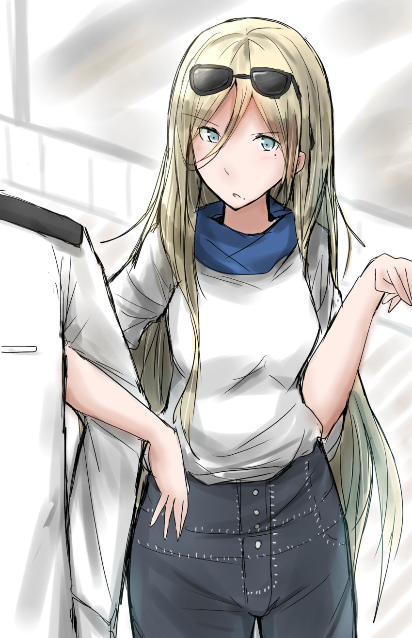 1boy 1girl admiral_(kantai_collection) arm_hug blonde_hair blue_eyes blue_scarf commentary_request eyewear_on_head hair_between_eyes high-waist_pants highres kamaboko_senshi kantai_collection long_hair mole mole_under_eye mole_under_mouth pants richelieu_(kantai_collection) scarf shirt sunglasses white_shirt