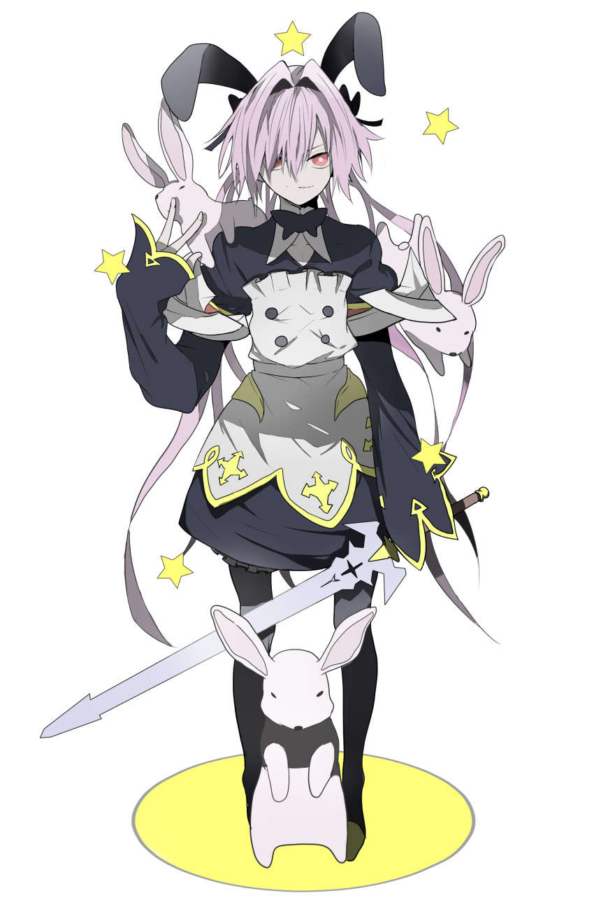 1boy absurdres astolfo_(fate) astolfo_(saber)_(fate) bangs black_bow black_ribbon bow bowtie commentary_request dress fate/grand_order fate_(series) frills grey_hair hair_bow hair_intakes hair_ribbon highres holding holding_sword holding_weapon long_hair long_sleeves looking_at_viewer otoko_no_ko rabbit ribbon simple_background sleeves_past_fingers sleeves_past_wrists solo star sword thigh-highs twintails umiu_c violet_eyes weapon white_background