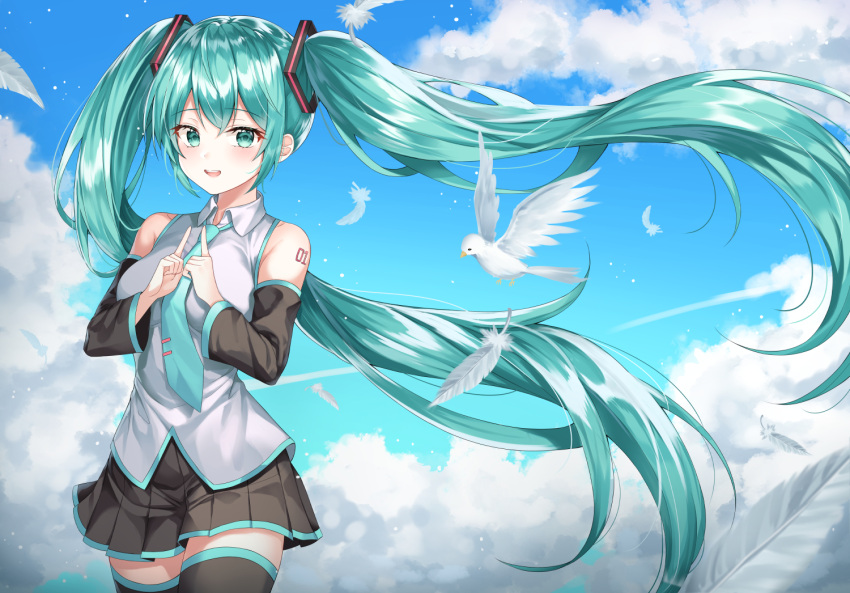 1girl animal aqua_eyes aqua_hair bare_shoulders bird black_legwear black_skirt blue_sky breasts clouds cloudy_sky collared_shirt cowboy_shot dani_(daniel) day detached_sleeves feathers floating_hair grey_shirt hair_ornament hatsune_miku index_finger_raised long_hair long_sleeves looking_at_viewer medium_breasts miniskirt necktie open_mouth outdoors pleated_skirt shirt skirt sky smile solo thigh-highs twintails very_long_hair vocaloid wind zettai_ryouiki
