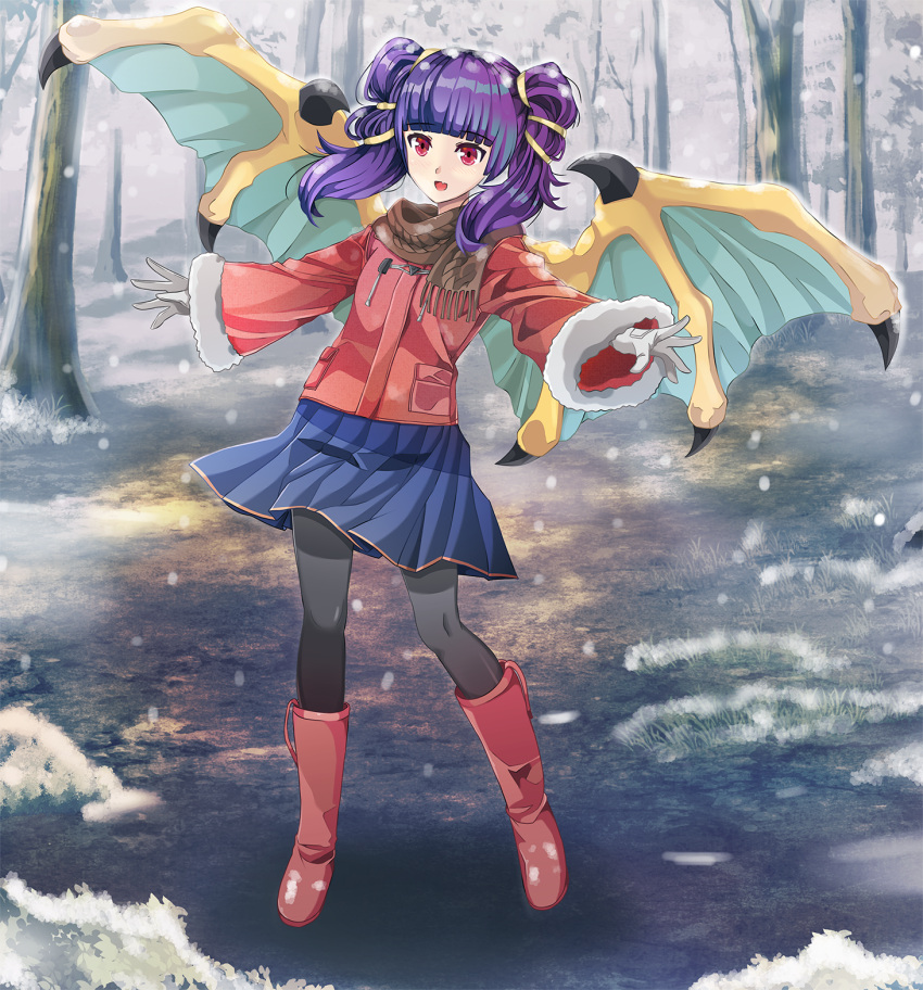 1girl alternate_costume blue_skirt boots brown_scarf coat commission dragon_wings fire_emblem fire_emblem:_the_sacred_stones full_body fur_trim gloves highres long_hair long_sleeves multi-tied_hair myrrh_(fire_emblem) open_mouth pantyhose purple_hair red_eyes scarf skirt snowing solo tree twintails user_zjjd3573 white_gloves wings