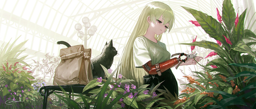 1girl amputee bag black_cat black_skirt botanical_garden breasts cat ceiling commentary_request cowboy_shot cutting day flower garden green_hair greenhouse half-closed_eyes highres indoors lamppost long_hair looking_at_hand looking_away looking_down medium_breasts original paper_bag plant prosthesis prosthetic_arm reoen scissors shirt short_sleeves sidelocks signature skirt solo straight_hair t-shirt table violet_eyes white_shirt