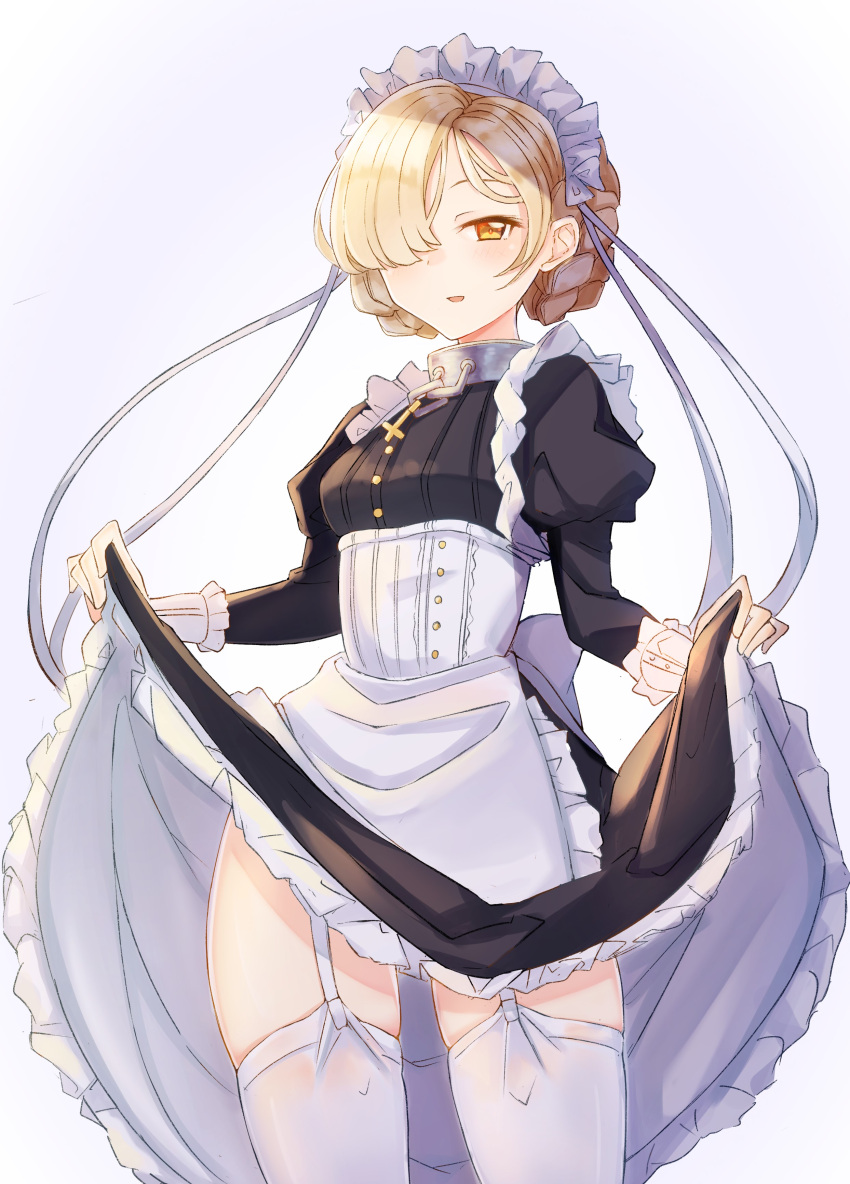 1girl absurdres apron azur_lane bangs blonde_hair braid breasts commentary_request cowboy_shot cross_choker french_braid garter_straps hair_over_one_eye highres juliet_sleeves legs_apart lifted_by_self long_sleeves looking_at_viewer maid maid_headdress open_mouth petticoat puffy_sleeves sheffield_(azur_lane) simple_background skirt skirt_lift small_breasts smile solo thigh-highs uhouhogorigori waist_apron white_background white_legwear yellow_eyes