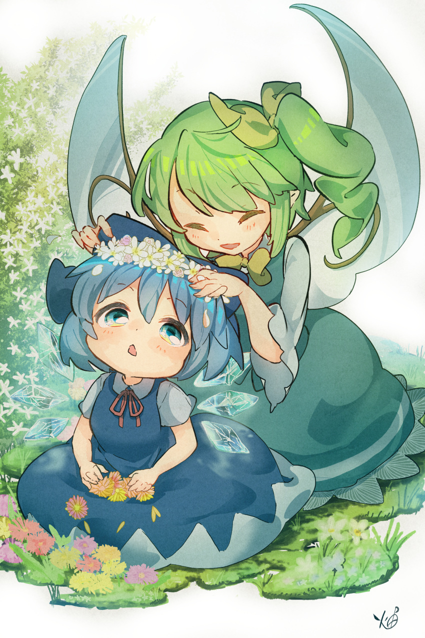 2girls :&lt;&gt; ^_^ absurdres ahoge aqua_dress bangs blue_bow blue_dress blue_eyes blue_hair blush bow bowtie chibi cirno closed_eyes closed_mouth collared_shirt commentary_request daiyousei dress eyebrows_visible_through_hair fairy_wings flower flower_wreath full_body grass green_bow green_hair hair_between_eyes hair_bow hands_on_another's_head hands_on_lap hands_on_own_legs happy head_wreath highres htk_mikan ice ice_wings long_sleeves looking_up meadow messy_hair multiple_girls neck_ribbon open_mouth orange_flower petals pinafore_dress purple_flower red_flower red_neckwear red_ribbon ribbon shirt short_hair short_sleeves side_ponytail sidelocks signature sitting skirt_basket swept_bangs touhou white_background white_flower white_shirt wide_sleeves wing_collar wings wreath yellow_bow yellow_flower yellow_neckwear