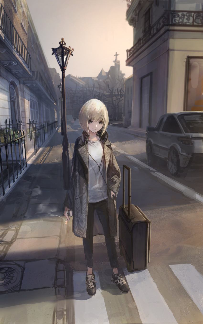 1girl absurdres blonde_hair bob_cut car cigarette city coat cross crosswalk green_eyes ground_vehicle hand_in_pocket hashimoto_kokai headphones headphones_around_neck highres lamppost looking_at_viewer luggage motor_vehicle original road rolling_suitcase shoes short_hair smile sneakers solo street suitcase