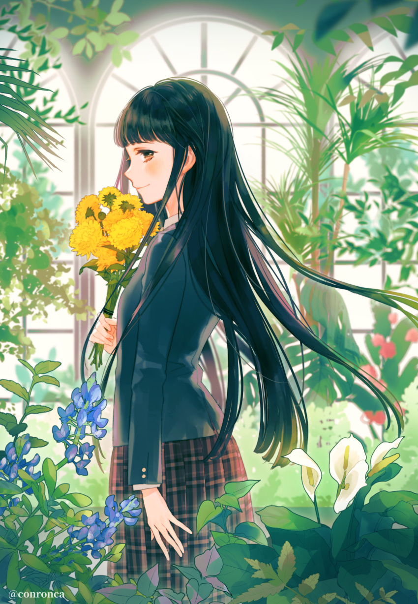 1girl ame_(conronca) arm_at_side artist_name bangs black_hair black_jacket blazer blush bouquet brown_eyes brown_skirt closed_mouth commentary_request flower flower_request greenhouse highres holding holding_bouquet indoors jacket long_hair long_sleeves looking_at_viewer looking_to_the_side original plaid plaid_skirt plant pleated_skirt sideways_glance skirt smile solo twitter_username very_long_hair window yellow_flower