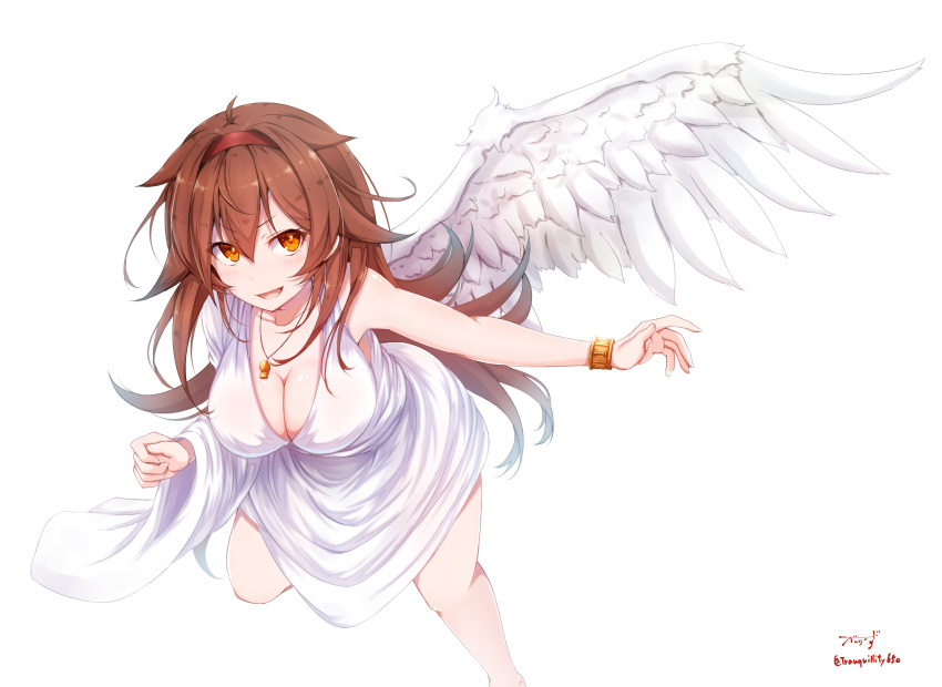 1girl alternate_costume angel angel_wings artist_name baileys_(tranquillity650) blush breasts brown_eyes brown_hair commentary dress eyebrows_visible_through_hair gauntlets hair_between_eyes hair_flaps hair_ornament hairband highres kantai_collection large_breasts long_hair looking_at_viewer open_mouth red_hairband shiratsuyu_(kantai_collection) single_wing smile solo wings