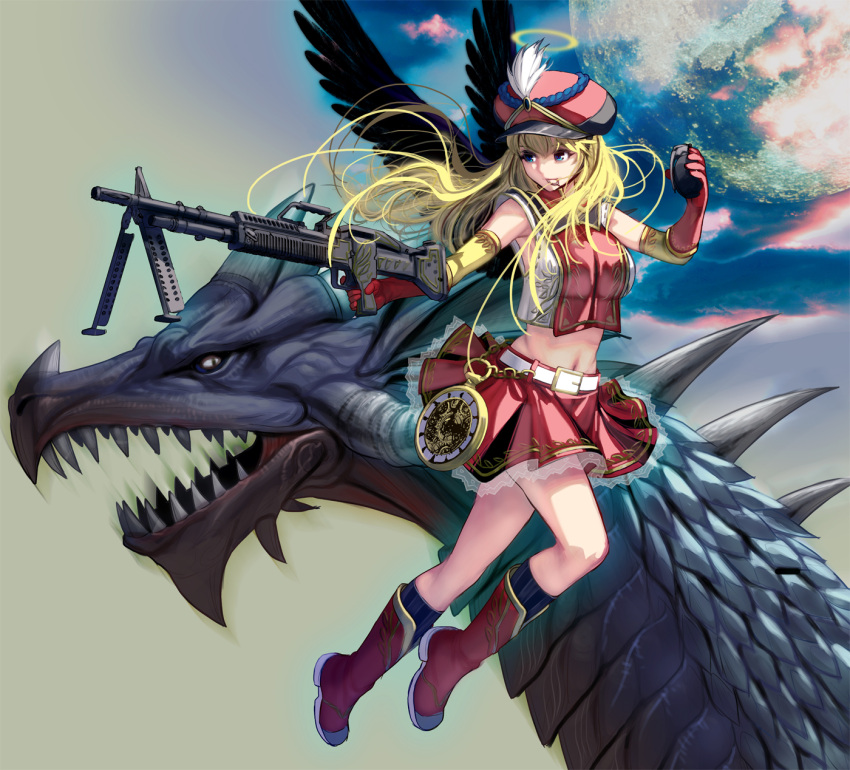 1girl angel angel_wings bangs belt black_wings blonde_hair blue_eyes boots dragon elbow_gloves explosive full_body gloves grenade gun halo hat highres holding holding_gun holding_weapon long_hair looking_to_the_side masao midriff mouth_hold navel original skirt solo weapon wings