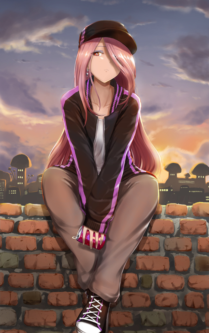 1girl bangs black_cardigan brown_eyes brown_pants can casual closed_mouth collarbone earrings evening highres holding holding_can jewelry jojobirdz little_witch_academia long_hair long_sleeves looking_at_viewer outdoors pants parted_bangs pink_hair shoes sitting sneakers solo sucy_manbavaran unzipped very_long_hair