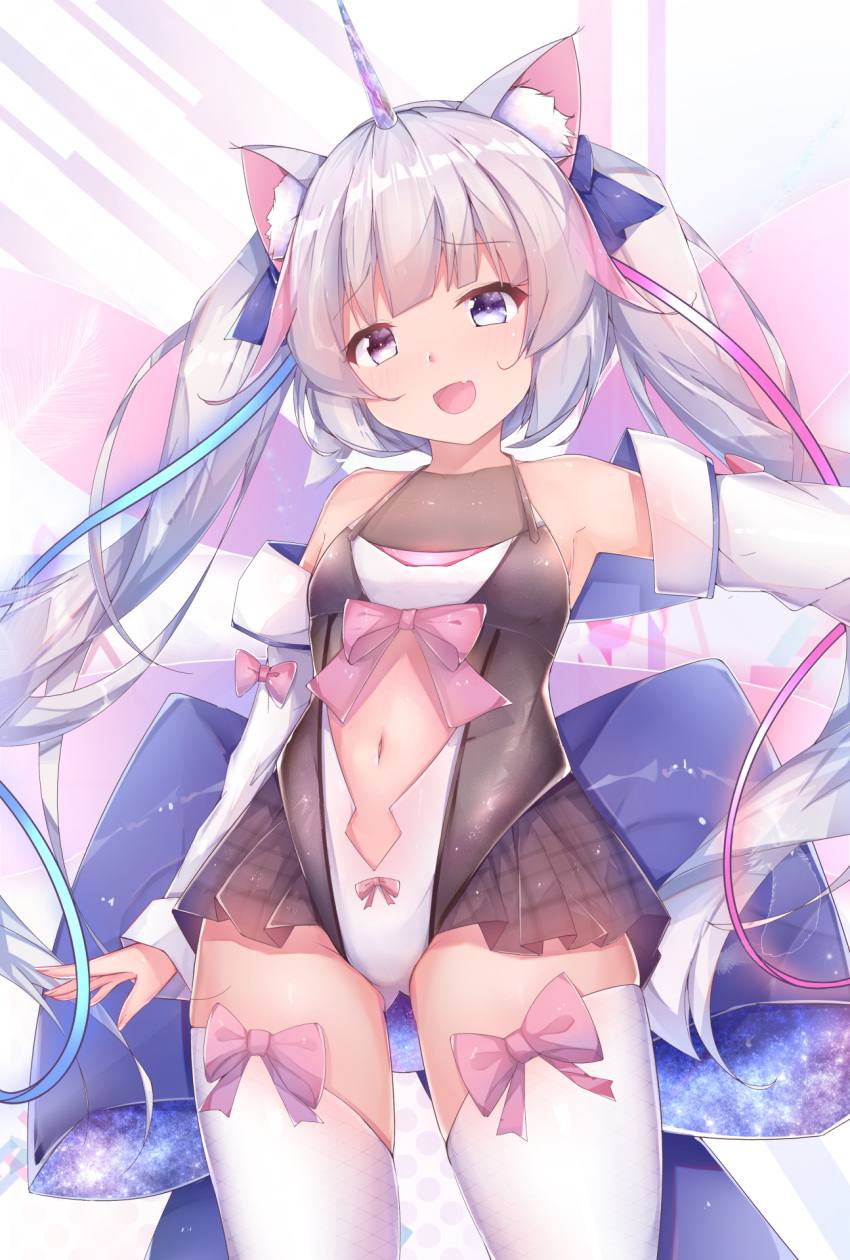1girl :d animal_ear_fluff animal_ears ass_visible_through_thighs bangs bare_shoulders black_leotard blue_bow blue_ribbon blush bow breasts commentary_request detached_sleeves eyebrows_visible_through_hair fang hair_bow head_tilt heterochromia highres horn leotard long_hair long_sleeves navel navel_cutout open_mouth original pink_bow pink_ribbon ribbon silver_hair small_breasts smile solo thigh-highs twintails twiska_(doubitian) very_long_hair violet_eyes white_legwear white_sleeves