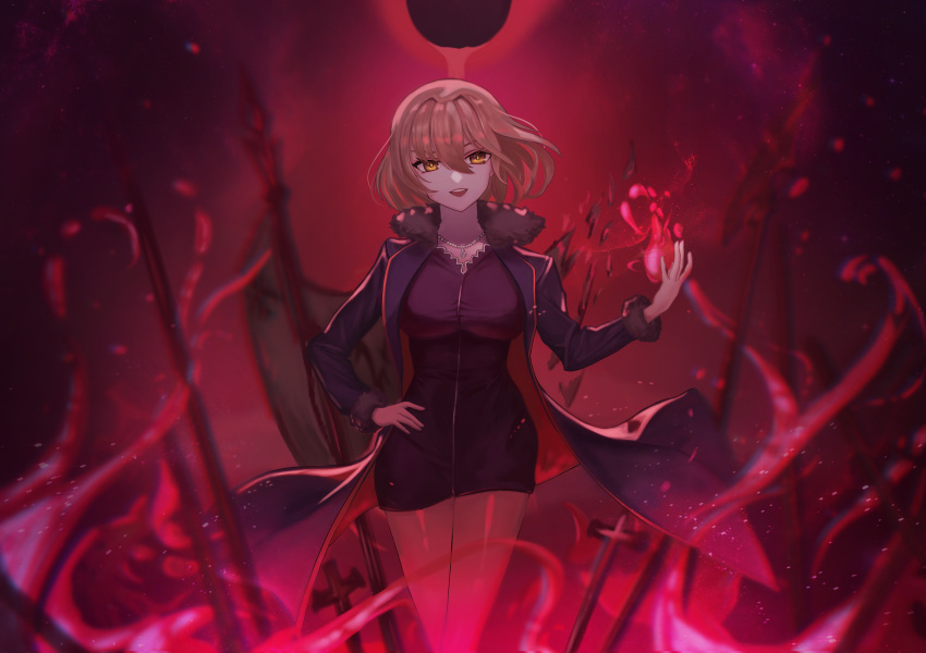 1girl absurdres bangs banner blonde_hair breasts casual commentary_request contemporary cowboy_shot fate/grand_order fate_(series) fire fireball flag hair_between_eyes halberd hand_on_hip highres hyunwoo jacket jeanne_d'arc_(alter)_(fate) jeanne_d'arc_(fate)_(all) jewelry large_breasts narrowed_eyes necklace official_alternate_costume open_mouth polearm short_hair smile solo sword walking weapon yellow_eyes