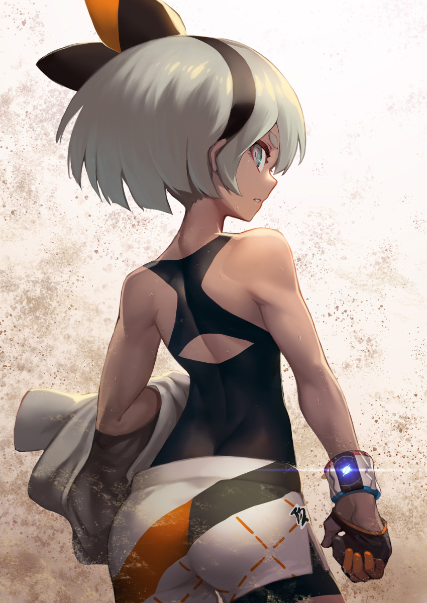 1girl absurdres ass back_cutout bodysuit dark_skin from_behind gloves grey_eyes grey_hair hairband highres looking_back nkmr8 pokemon pokemon_(game) pokemon_swsh saitou_(pokemon) shirt_removed shorts sweat