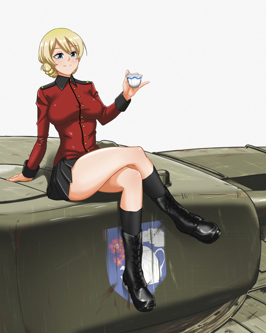 1girl absurdres black_footwear black_skirt blonde_hair blue_eyes blush boots breasts closed_mouth crossed_legs cup darjeeling eyebrows_visible_through_hair girls_und_panzer ground_vehicle highres huge_filesize large_breasts military military_uniform military_vehicle miniskirt motor_vehicle sanho_(bin0910) shiny shiny_clothes shiny_hair shiny_skin simple_background sitting skirt smile solo st._gloriana's_military_uniform tank tea teacup uniform white_background