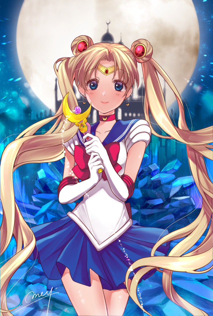 1girl bishoujo_senshi_sailor_moon blonde_hair blue_eyes blue_sailor_collar blue_skirt choker closed_mouth collarbone cowboy_shot crescent crescent_earrings double_bun earrings elbow_gloves floating_hair full_moon gloves highres holding_hands jewelry long_hair looking_at_viewer miniskirt moon outdoors pleated_skirt sailor_collar sailor_moon sailor_senshi_uniform shiny shiny_hair shirt signature skirt sleeveless sleeveless_shirt smile solo standing tsukino_meito very_long_hair white_gloves white_shirt