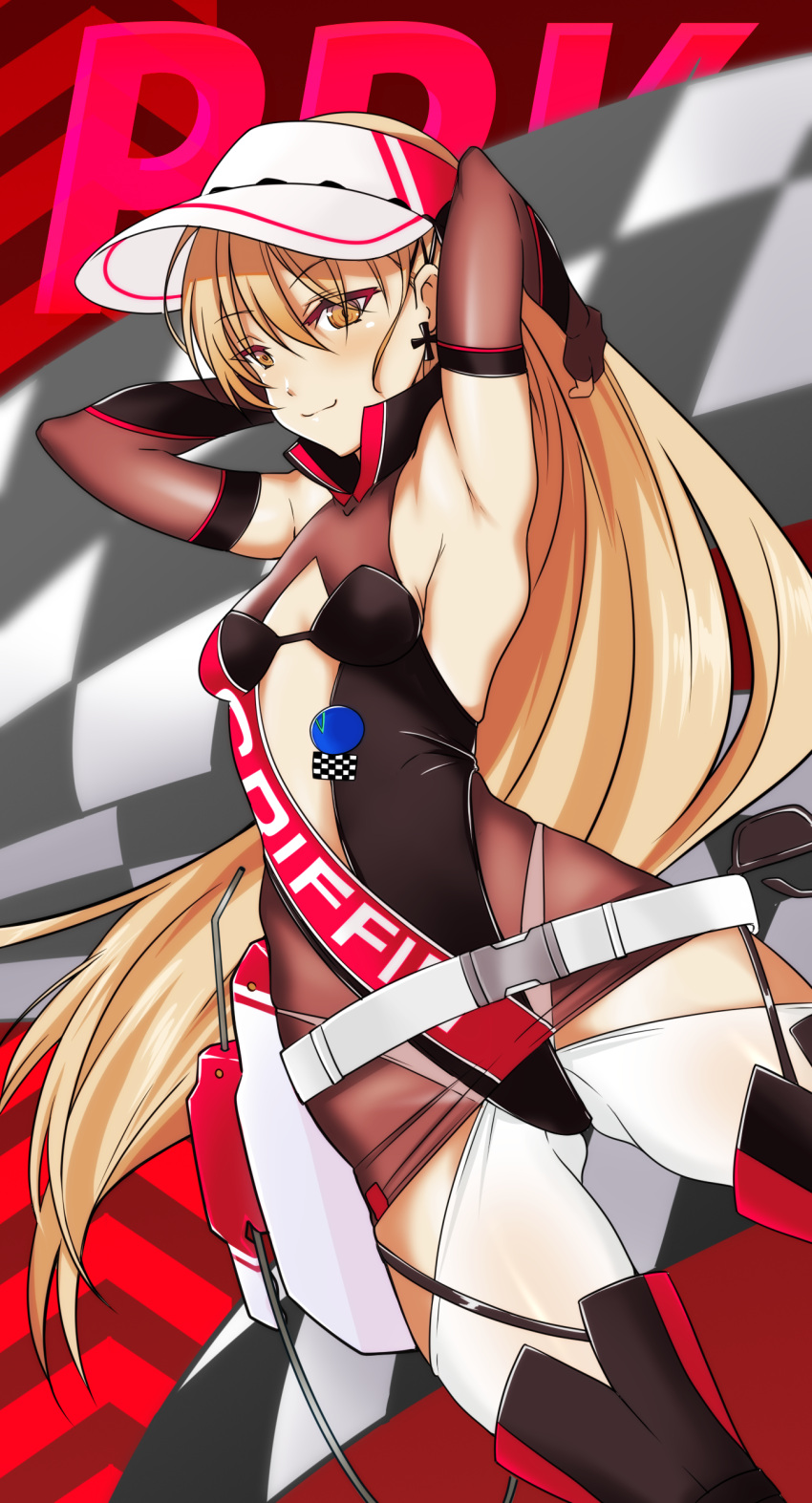 1girl absurdres aiuchi alternate_costume armpits arms_behind_head belt black_legwear black_leotard breasts brown_eyes brown_gloves brown_hair clothes_writing cowboy_shot earrings elbow_gloves girls_frontline gloves highleg highleg_leotard highres jewelry leotard long_hair multicolored multicolored_background ppk_(girls_frontline) racequeen small_breasts smile standing thigh-highs two-tone_leotard visor_cap white_headwear