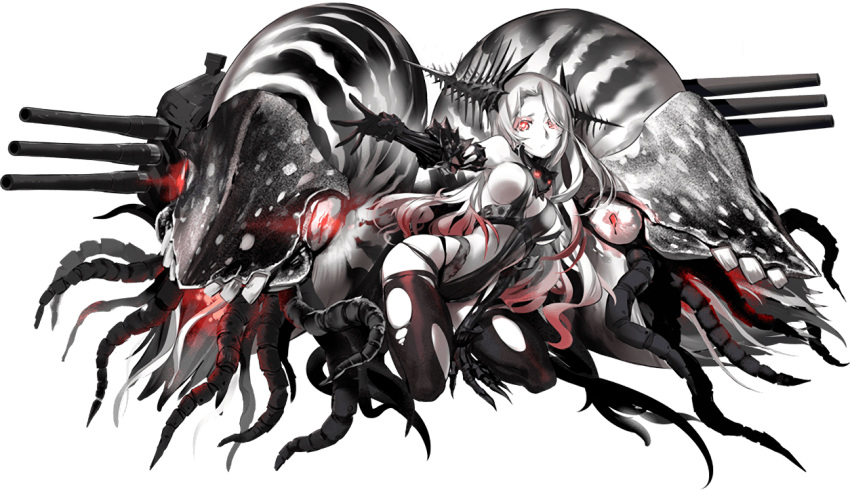 1girl batavia_hime bracer breasts gauntlets glowing glowing_eyes headgear kantai_collection kneeling long_hair nautilus_(animal) official_art outstretched_arm red_eyes shinkaisei-kan sideboob solo spread_fingers thigh-highs thighs torn_clothes torn_legwear transparent_background turret under_boob very_long_hair white_skin zeco
