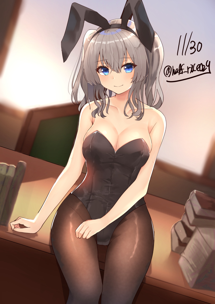 1girl alternate_costume animal_ears blue_eyes blush book breasts bunny_girl bunnysuit closed_mouth dated eyebrows_visible_through_hair fake_animal_ears hair_between_eyes hair_ornament highres kantai_collection kashima_(kantai_collection) large_breasts long_hair looking_at_viewer pantyhose rabbit_ears shiina_aoi silver_hair sitting sitting_on_table smile solo twintails wavy_hair window