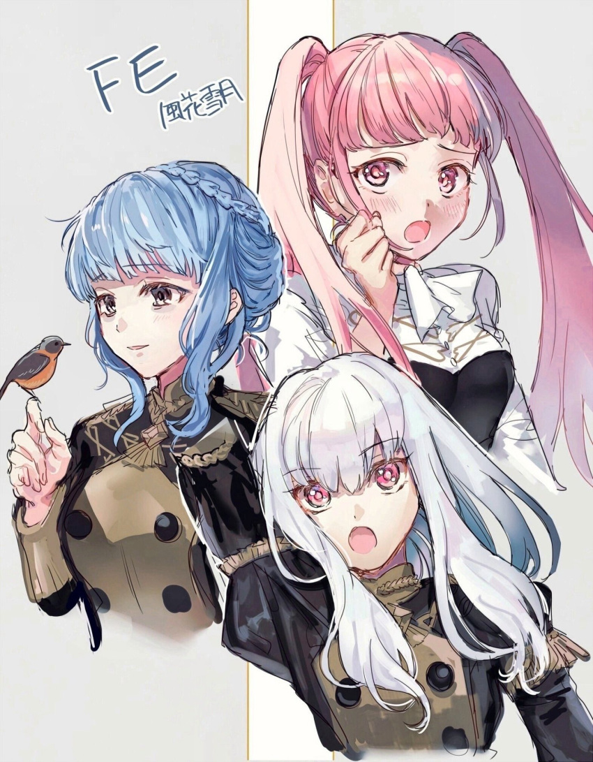 3girls bird blue_hair braid crown_braid fire_emblem fire_emblem:_three_houses garreg_mach_monastery_uniform grey_background highres hilda_valentine_goneril long_hair lysithea_von_ordelia marianne_von_edmund multiple_girls open_mouth parted_lips pink_eyes pink_hair simple_background toremoro_(yuka09144) twintails uniform white_hair