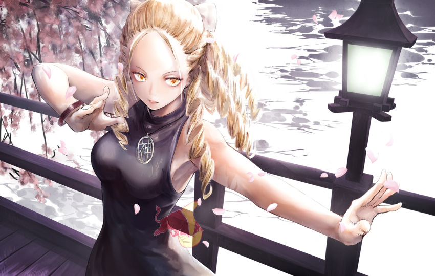 1girl alternate_costume antenna_hair bangle black_dress blonde_hair bow bracelet bridge dress fighting_stance forehead hair_bow hinoru_saikusa jewelry kanzuki_karin long_hair medallion no_bra petals pond ring ringlets sleeveless sleeveless_dress solo street_fighter street_fighter_v turtleneck_dress yellow_eyes