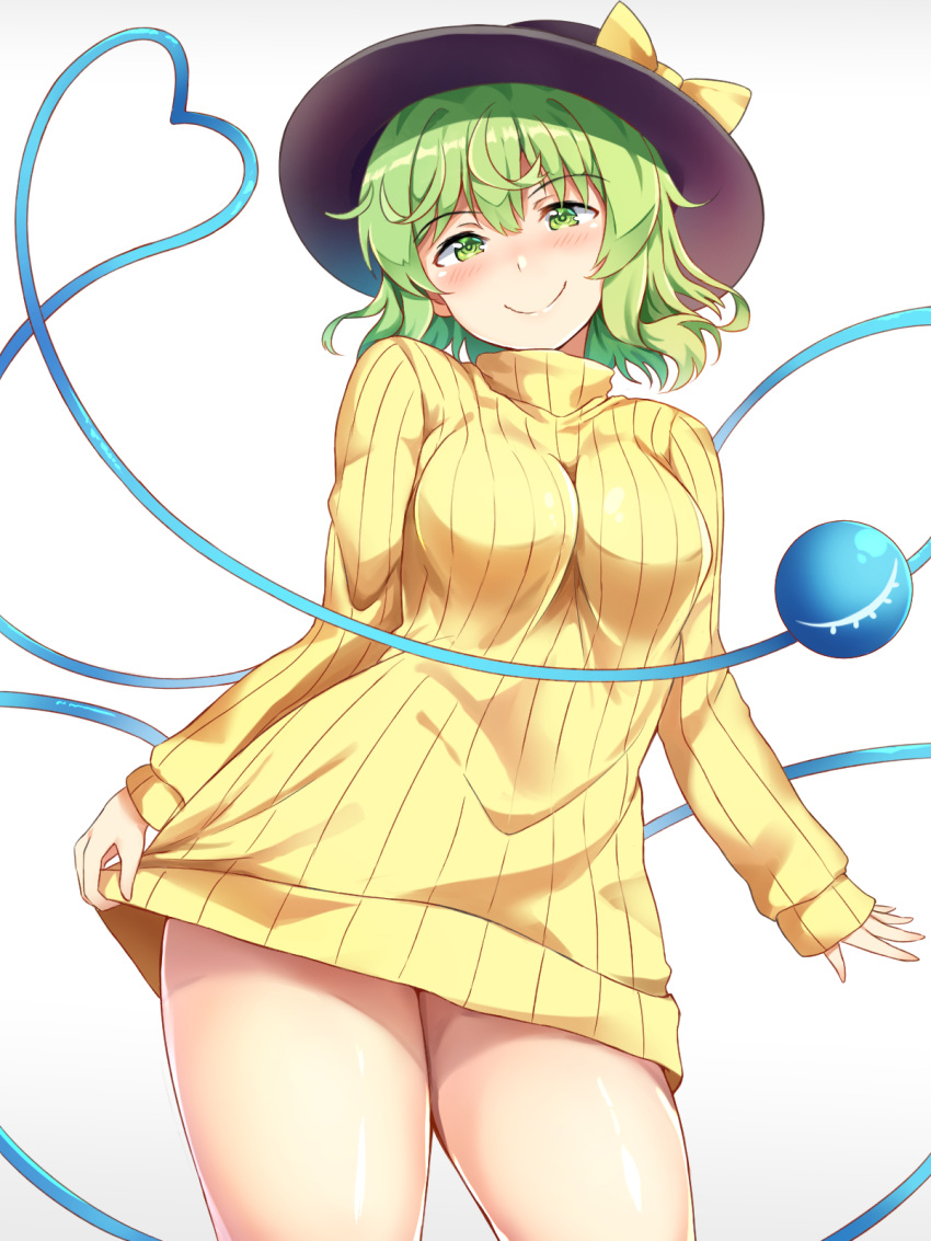 1girl alternate_costume bangs black_headwear bow breasts closed_mouth commentary_request cowboy_shot dress eyebrows_visible_through_hair gradient gradient_background green_eyes green_hair grey_background hair_bow heart heart_of_string highres komeiji_koishi large_breasts long_sleeves looking_at_viewer nagomian ribbed_sweater short_hair smile solo sweater sweater_dress thighs touhou turtleneck turtleneck_sweater yellow_bow yellow_dress yellow_sweater