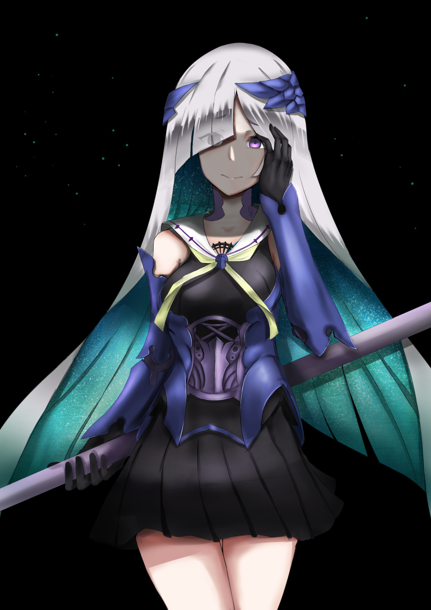 1girl absurdres aqua_hair armor armored_dress asymmetrical_bangs bangs black_skirt brynhildr_(fate) dark_background fate/grand_order fate_(series) gloves grey_hair hair_over_one_eye hand_on_own_face highres long_hair mirai'g multicolored_hair polearm skirt solo violet_eyes weapon