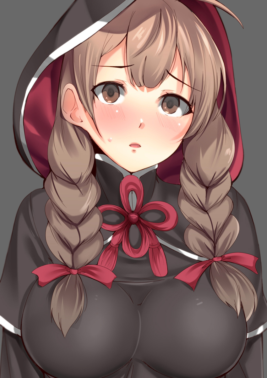 1girl blush braid breasts brown_eyes brown_hair chirashi_(so) eyebrows_visible_through_hair grey_background hair_ribbon highres impossible_clothes kantai_collection large_breasts long_hair long_sleeves low_twintails open_mouth red_hood red_ribbon ribbon shinshuu_maru_(kantai_collection) simple_background solo twin_braids twintails