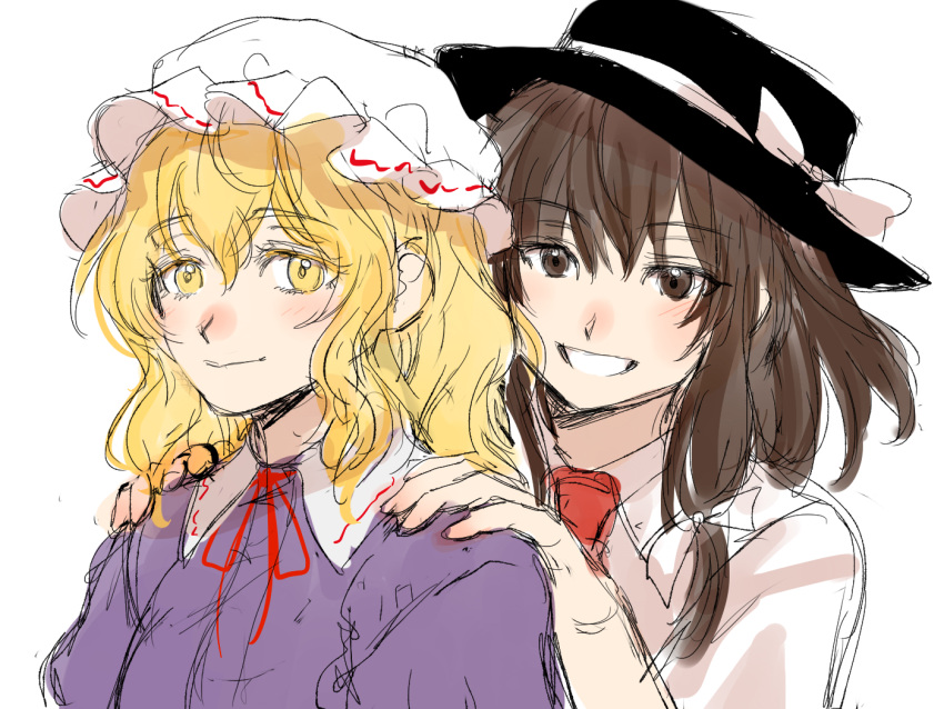 2girls bangs black_hair black_headwear blonde_hair blush bow bowtie brown_eyes commentary_request dress eyebrows_visible_through_hair fedora grin hair_between_eyes hair_bow hands_on_another's_shoulders hat hat_bow kuya_(hey36253625) long_hair looking_at_viewer maribel_hearn mob_cap multiple_girls neck_ribbon puffy_sleeves purple_dress red_bow red_neckwear red_ribbon ribbon shirt short_hair short_sleeves simple_background sketch smile touhou upper_body usami_renko white_background white_bow white_headwear white_shirt yellow_eyes