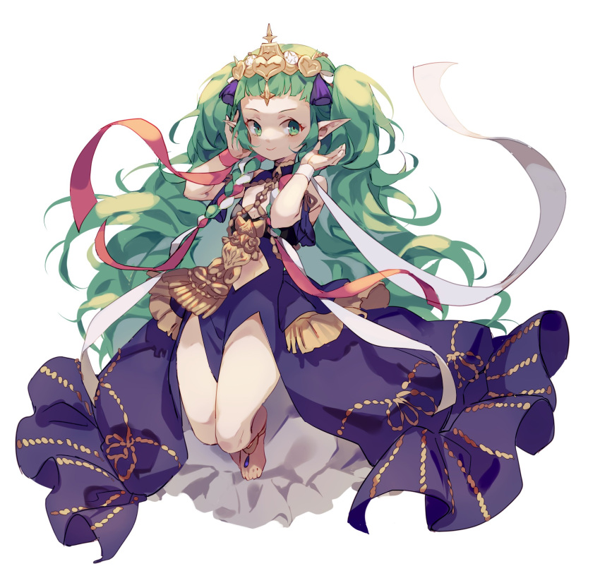 1girl barefoot braid closed_mouth fire_emblem fire_emblem:_three_houses full_body green_eyes green_hair hair_ornament highres long_hair maza pointy_ears simple_background smile solo sothis_(fire_emblem) tiara twin_braids white_background