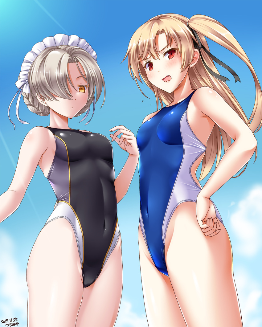 2girls artist_name azur_lane black_swimsuit blonde_hair blue_sky blue_swimsuit blush braid breasts cape cleveland_(azur_lane) clouds cloudy_sky commentary_request competition_swimsuit covered_navel cowboy_shot dated day eyebrows_visible_through_hair french_braid from_below hair_between_eyes hair_over_one_eye highleg highleg_swimsuit highres long_hair long_sleeves looking_at_viewer looking_down maid_headdress multiple_girls one-piece_swimsuit one_side_up open_mouth outdoors platinum_blonde_hair red_eyes sheffield_(azur_lane) sky small_breasts standing swimsuit swimsuit_under_clothes tsuchimiya