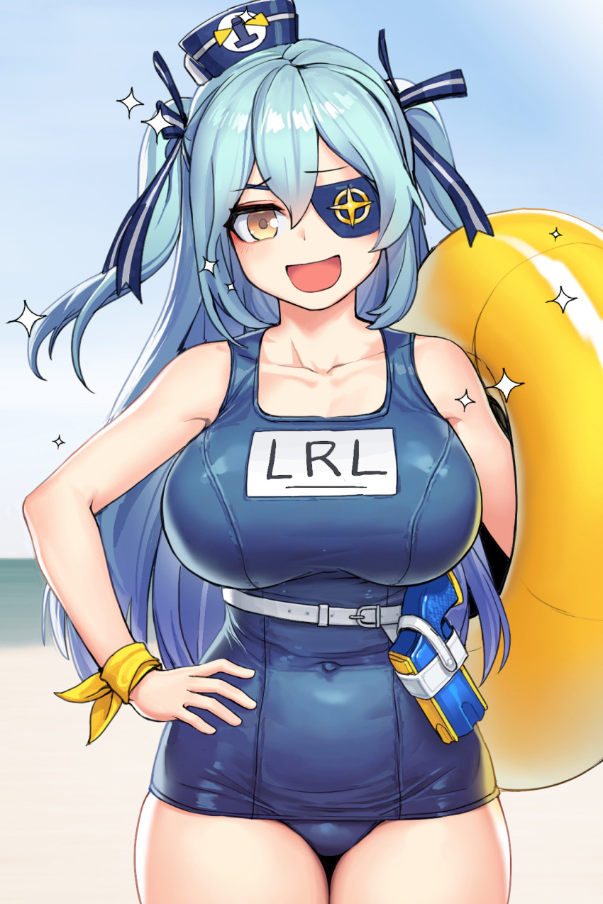 1girl alternate_breast_size bangs belt blue_hair blue_swimsuit blush breasts cain_(gunnermul) collarbone covered_navel cowboy_shot eyepatch hair_between_eyes hair_ribbon hand_on_hip hat highres innertube large_breasts last_origin long_hair looking_at_viewer lrl_(last_origin) name_tag older one-piece_swimsuit open_mouth ribbon school_swimsuit smile solo sparkle swimsuit taut_clothes taut_swimsuit tight two_side_up very_long_hair water_gun white_belt wrist_ribbon yellow_eyes yellow_ribbon