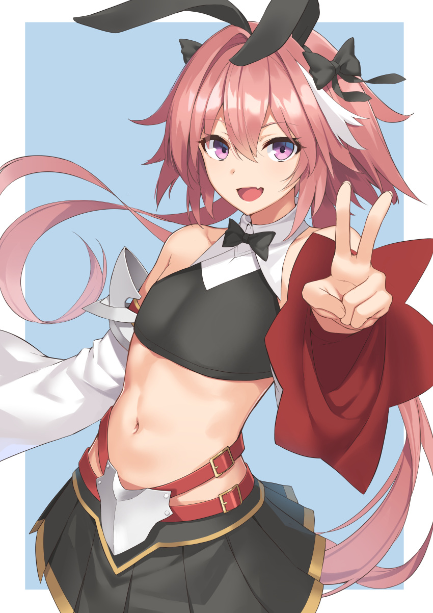 1boy :d absurdres animal_ears astolfo_(fate) astolfo_(saber)_(fate) bangs bare_shoulders black_bow black_neckwear black_skirt blue_background border bow bowtie commentary_request cowboy_shot crop_top detached_sleeves eyebrows_visible_through_hair fake_animal_ears fang fate/grand_order fate_(series) hair_between_eyes hair_bow highres long_hair long_sleeves male_focus midriff miniskirt multicolored_hair navel open_mouth otoko_no_ko outside_border phano_(125042) pleated_skirt rabbit_ears simple_background skin_fang skirt smile standing stomach streaked_hair v very_long_hair violet_eyes white_border white_hair wide_sleeves