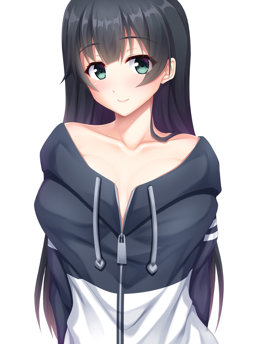 agano_(kantai_collection) arms_behind_back black_hair breasts collarbone green_eyes highres hood hoodie kantai_collection large_breasts long_hair looking_at_viewer naked_hoodie ruin_re_birth simple_background zipper