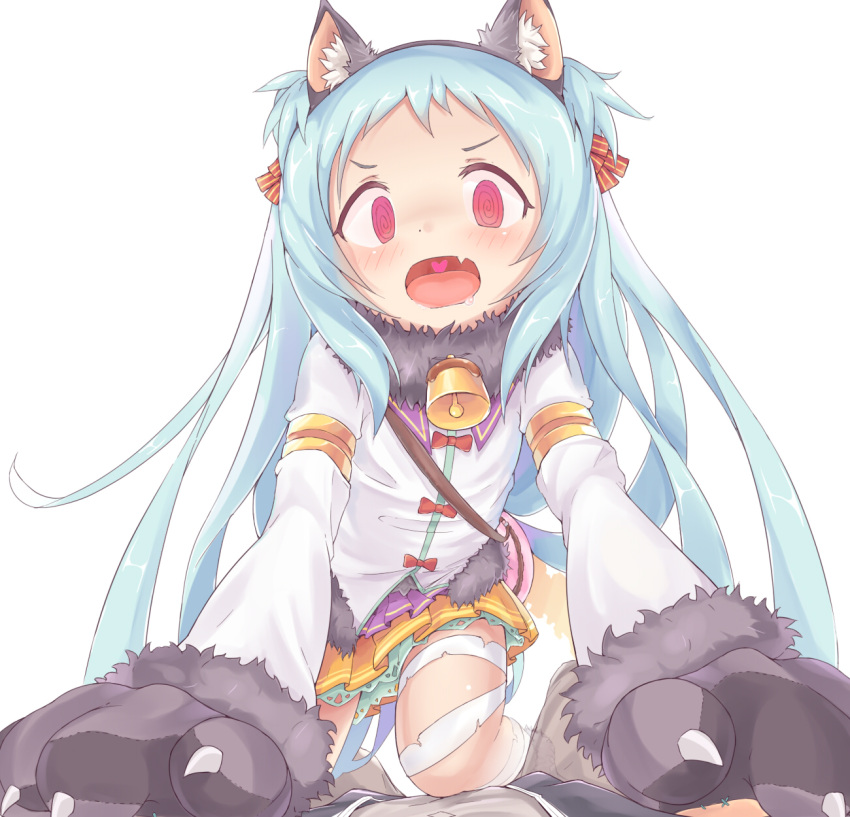 1boy 1girl animal_ears bandaged_leg bandages bell blue_hair fake_animal_ears gloves highres izumo_miyako jacket long_hair looking_at_viewer open_mouth princess_connect! princess_connect!_re:dive spectra very_long_hair white_jacket