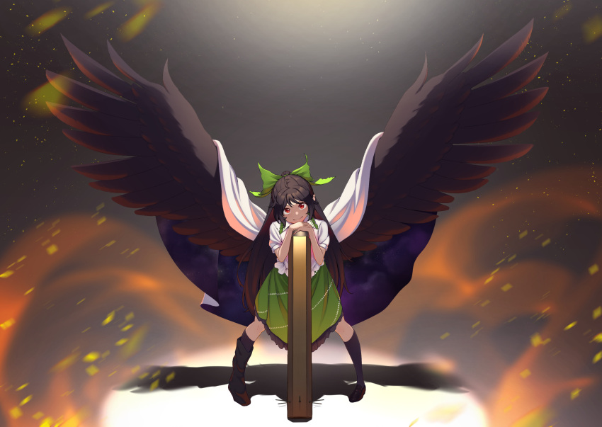 1girl bird_wings black_hair black_legwear black_wings blouse bow cape closed_mouth collared_blouse control_rod embers frilled_skirt frills full_body green_bow green_skirt hair_bow hand_rest hands_up head_rest head_tilt highres kanpa_(campagne_9) long_hair looking_at_viewer medium_skirt mismatched_footwear puffy_short_sleeves puffy_sleeves red_eyes reiuji_utsuho shoes short_sleeves sidelocks skirt smile smoke socks solo spread_wings standing touhou very_long_hair white_blouse white_cape wings