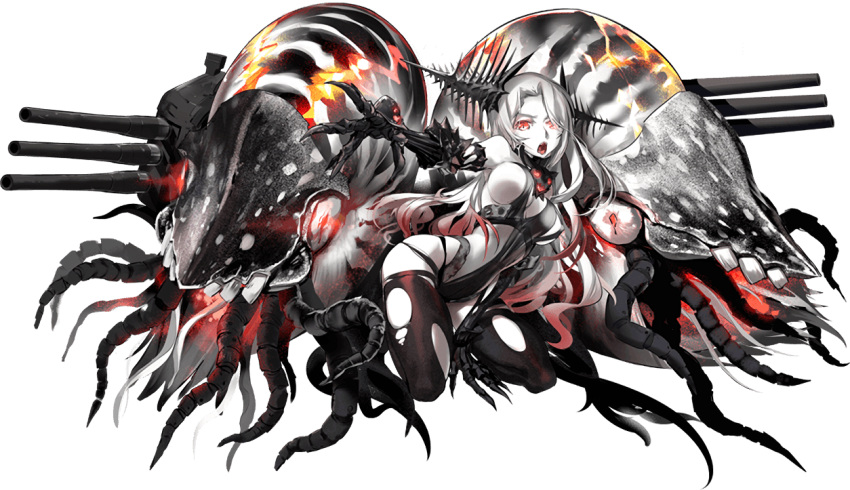 1girl batavia_hime bracer breasts claws cracked_shell gauntlets glowing glowing_cracks glowing_eyes headgear kantai_collection kneeling long_hair nautilus_(animal) official_art open_mouth outstretched_arm red_eyes shinkaisei-kan sideboob slit_pupils solo spread_fingers thigh-highs thighs torn_clothes torn_legwear transparent_background turret under_boob very_long_hair white_skin zeco