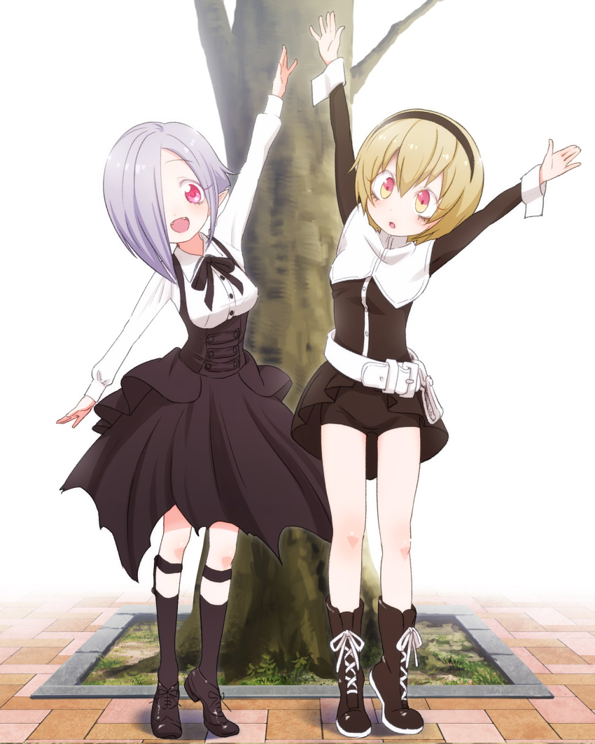 2girls absurdres arm_up arms_up bike_shorts black_legwear black_shorts black_skirt blonde_hair blush boots breasts fang hair_ornament hair_over_one_eye hairband highres jashin-chan_dropkick kneehighs large_breasts looking_at_viewer looking_to_the_side medium_hair multiple_girls open_mouth outdoors pekora_(jashin-chan_dropkick) persephone_ii purple_hair red_eyes sat-c shiny shiny_hair short_hair shorts simple_background skirt small_breasts smile standing tree white_background yellow_eyes