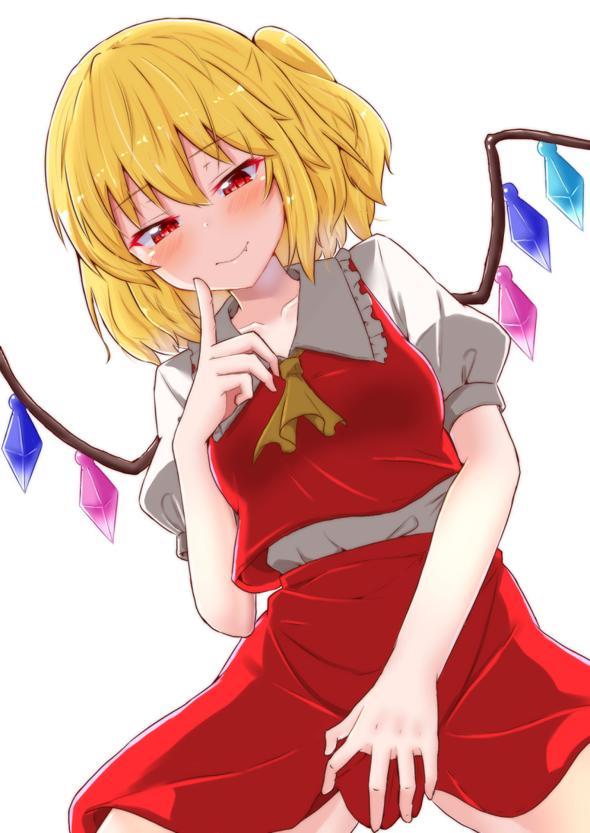 1girl ascot bangs blonde_hair blush breasts commentary_request cowboy_shot crystal eyebrows_visible_through_hair fang fang_out flandre_scarlet frilled_shirt_collar frills hair_between_eyes hand_up highres index_finger_raised looking_at_viewer mukkushi no_hat no_headwear one_side_up puffy_short_sleeves puffy_sleeves red_eyes red_skirt red_vest shirt short_hair short_sleeves simple_background skirt skirt_set small_breasts smile solo touhou vest white_background white_shirt wings yellow_neckwear