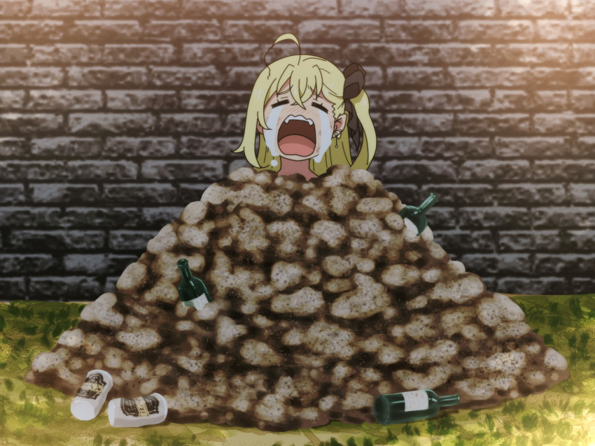 1girl ahoge beer_can blonde_hair blush bottle brick_wall buried camilla_vanstein can closed_eyes commentary_request crying dangle_earrings dirt dirty_face ear_piercing grass hair_between_eyes hair_ribbon hataage!_kemonomichi long_hair outdoors piercing ribbon shirosato side_ponytail solo streaming_tears tears upper_teeth