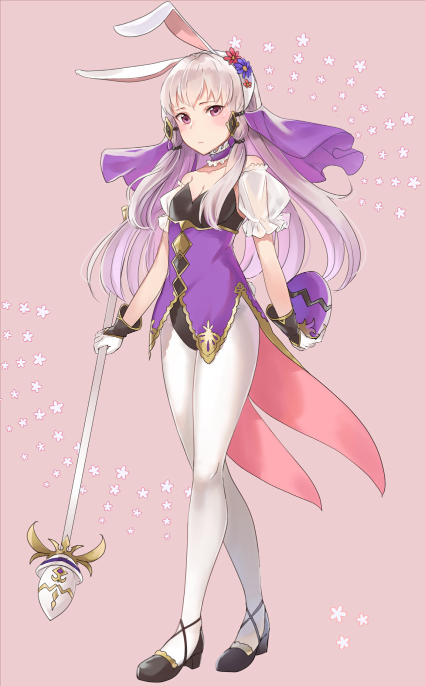 1girl animal_ears bare_shoulders bunny_girl bunny_tail bunnysuit detached_collar easter_egg egg fake_animal_ears fire_emblem fire_emblem:_three_houses flower gloves hair_flower hair_ornament haru_(nakajou-28) highres leotard long_hair lysithea_von_ordelia pantyhose pink_background rabbit_ears silver_hair solo staff strapless strapless_leotard tail veil violet_eyes white_gloves white_legwear wrist_cuffs