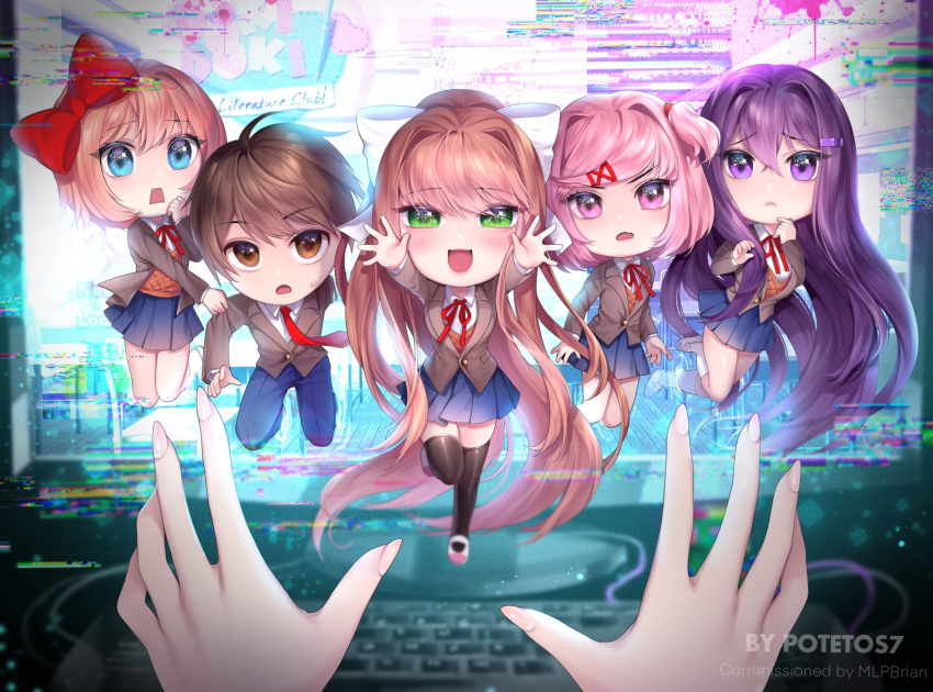 1boy 4girls :d :o artist_name bangs black_legwear blue_eyes blue_pants blue_skirt blush bow brown_eyes brown_hair brown_jacket chibi commentary commission d: doki_doki_literature_club english_commentary eyebrows_visible_through_hair eyes_visible_through_hair fang frown glitch green_eyes hair_bow hair_ornament hair_ribbon hairclip highres jacket keyboard_(computer) logo long_hair looking_at_viewer monika_(doki_doki_literature_club) monitor multiple_girls natsuki_(doki_doki_literature_club) necktie open_mouth pants pink_eyes pink_hair pleated_skirt ponytail potetos7 pov pov_hands protagonist_(doki_doki_literature_club) purple_hair red_bow red_neckwear ribbon sayori_(doki_doki_literature_club) school_uniform short_hair skin_fang skirt sleeve_tug smile team_salvato thigh-highs through_screen two_side_up very_long_hair violet_eyes white_ribbon yuri_(doki_doki_literature_club)