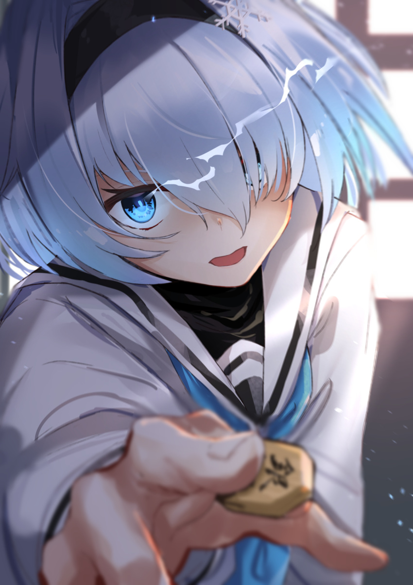 1girl bangs between_fingers black_hairband blue_eyes blue_hair blue_neckwear blurry blurry_background blurry_foreground blush commentary_request depth_of_field eyebrows_behind_hair fingernails glowing glowing_eyes hair_over_one_eye hairband highres holding long_sleeves neckerchief open_mouth ryuuou_no_oshigoto! sailor_collar shirt shougi_piece solo sora_ginko tapioka_(oekakitapioka) white_sailor_collar white_shirt window