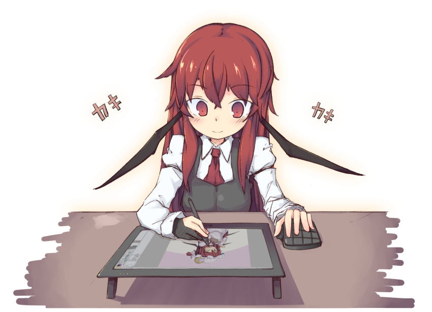 1girl ayase_yuuki_(mikan_mochi) bat_wings black_vest collared_shirt drawing dress_shirt eyebrows_visible_through_hair hair_between_eyes head_wings highres koakuma long_hair looking_down mouse_(computer) necktie red_neckwear shirt simple_background sitting smile solo stylus table tablet_pc touhou translated upper_body vest white_background white_shirt wings