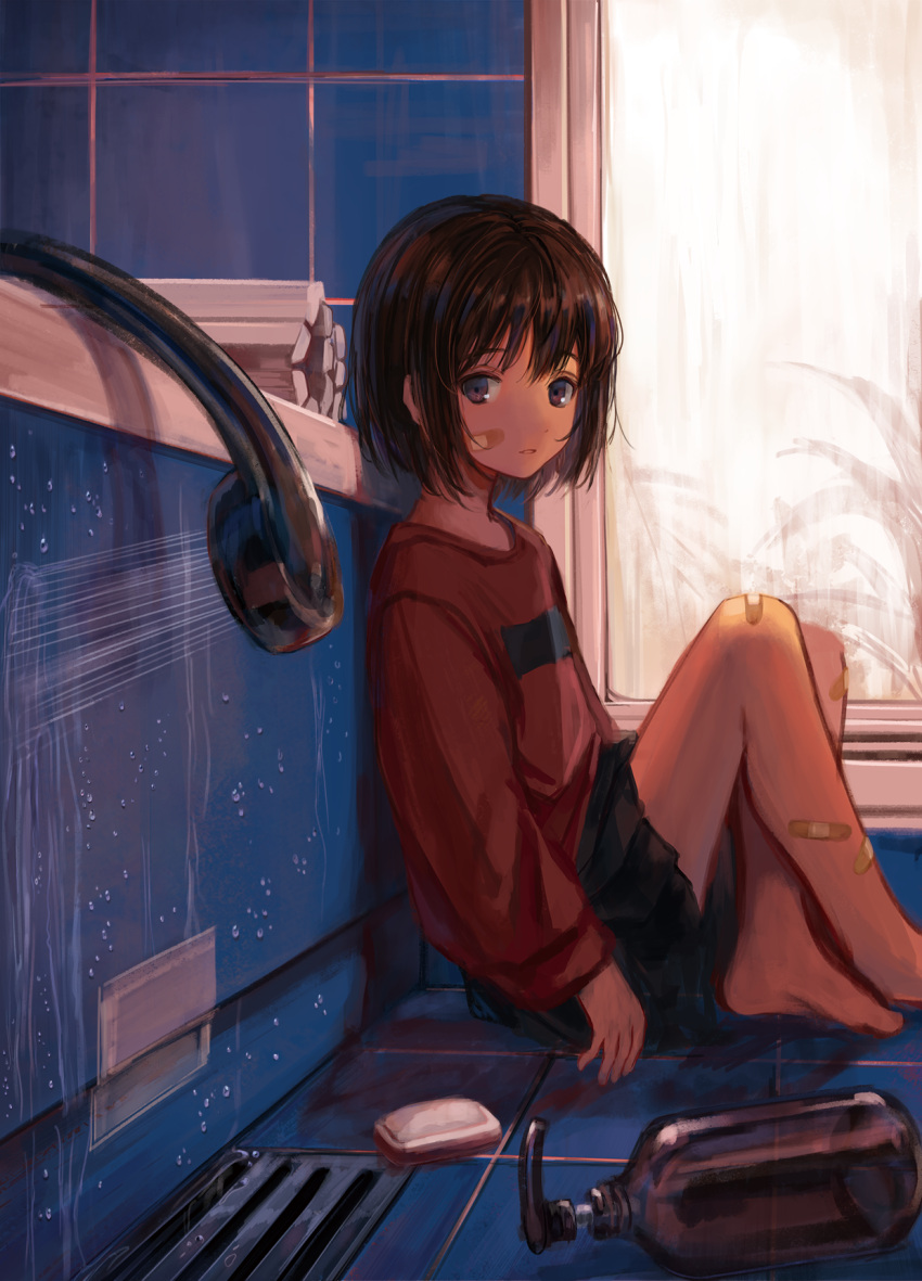 1girl arms_at_sides bandaid bandaid_on_face bandaid_on_leg barefoot bathroom bathtub black_skirt brown_eyes brown_hair dot_nose drain_(object) highres indoors long_sleeves looking_at_viewer messy_hair open_mouth original pleated_skirt red_shirt sero3eta shirt short_hair shower_(place) shower_head sitting sitting_on_floor skirt soap soap_bottle solo tile_floor tile_wall tiles water