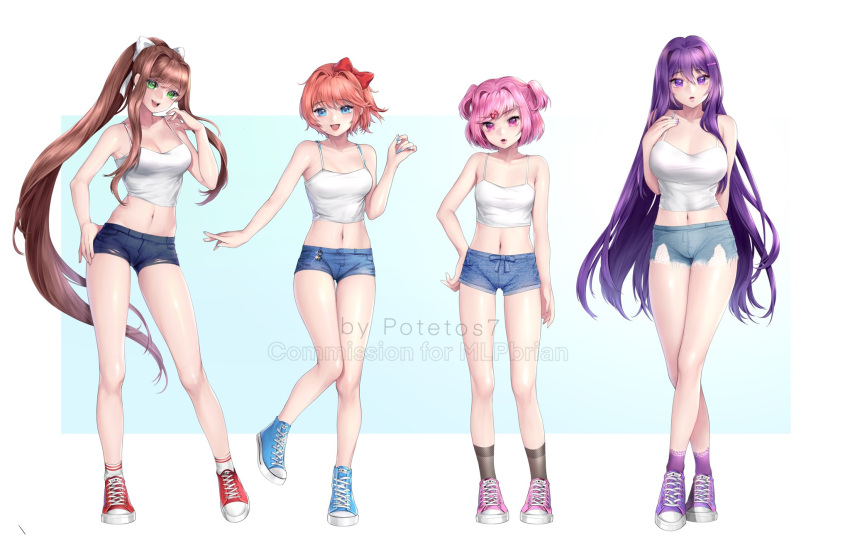 4girls :d alternate_costume arms_behind_back artist_name bangs bare_shoulders blue_background blue_eyes blue_nails bow bra_strap breasts brown_hair camisole casual collarbone commentary commission cross-laced_footwear crossed_legs cutoffs denim denim_shorts doki_doki_literature_club eyebrows_visible_through_hair fang full_body green_eyes hair_between_eyes hair_bow hair_ornament hair_ribbon hairclip hand_on_hip hand_on_own_chest hand_up highres large_breasts long_hair looking_at_viewer medium_breasts midriff monika_(doki_doki_literature_club) multiple_girls natsuki_(doki_doki_literature_club) navel open_mouth pink_eyes pink_hair ponytail potetos7 purple_hair purple_nails red_bow ribbon sayori_(doki_doki_literature_club) shoes short_hair short_shorts shorts simple_background small_breasts smile spaghetti_strap standing symbol_commentary two_side_up very_long_hair violet_eyes watermark watson_cross white_background white_camisole white_ribbon yuri_(doki_doki_literature_club)