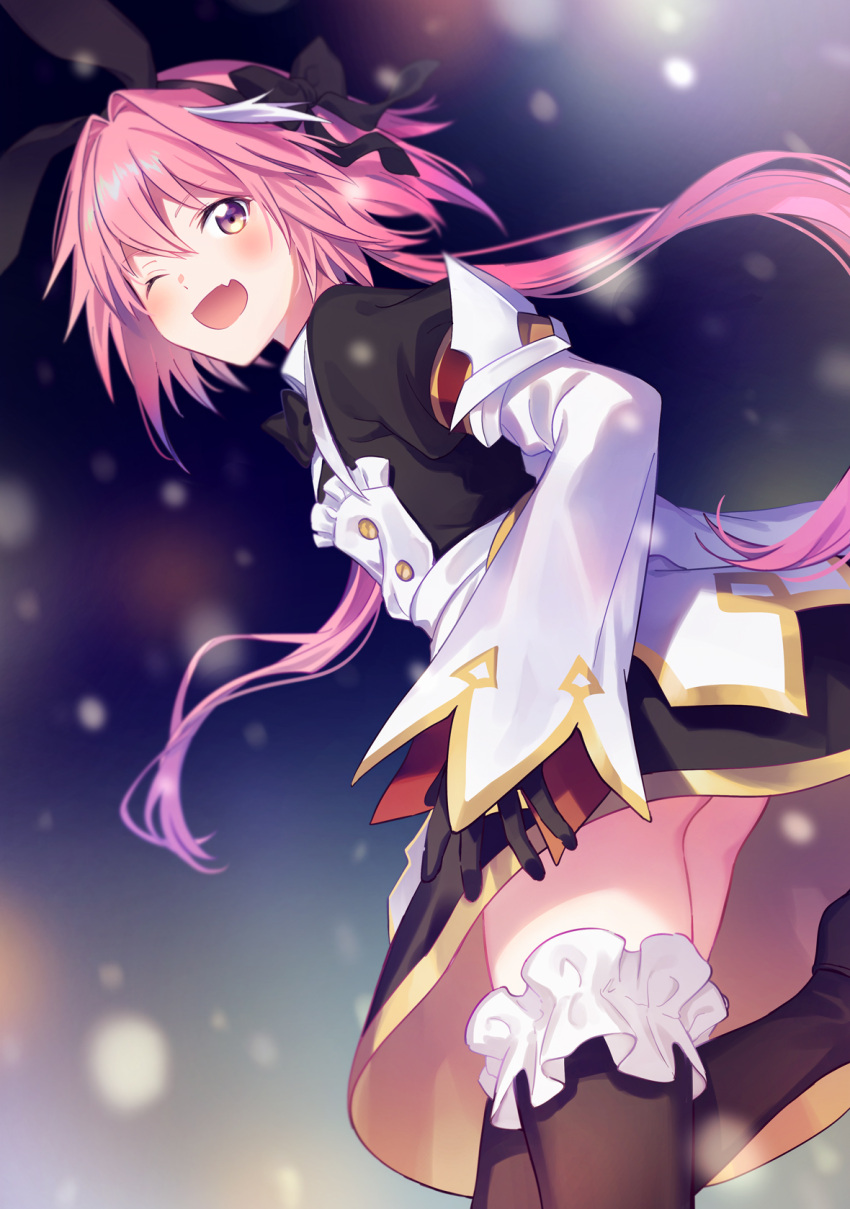 1boy ass astolfo_(fate) astolfo_(saber)_(fate) bangs black_bow black_gloves black_ribbon blush bow bowtie commentary_request dress fang fate/grand_order fate_(series) frills from_below fuji_fujino gloves hair_bow hair_intakes hair_ribbon highres long_hair long_sleeves looking_at_viewer multicolored_hair one_eye_closed otoko_no_ko pink_hair ribbon skin_fang solo streaked_hair thigh-highs twintails violet_eyes white_hair