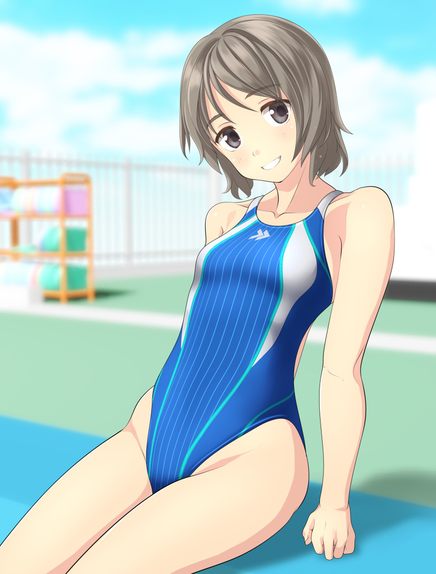 1girl absurdres black_eyes blue_sky blue_swimsuit blurry breasts clouds collarbone commentary_request competition_swimsuit depth_of_field fence grey_hair highleg highleg_swimsuit highres looking_at_viewer one-piece_swimsuit original outdoors parted_lips rack short_hair sitting sky small_breasts smile solo swimsuit takafumi wavy_hair